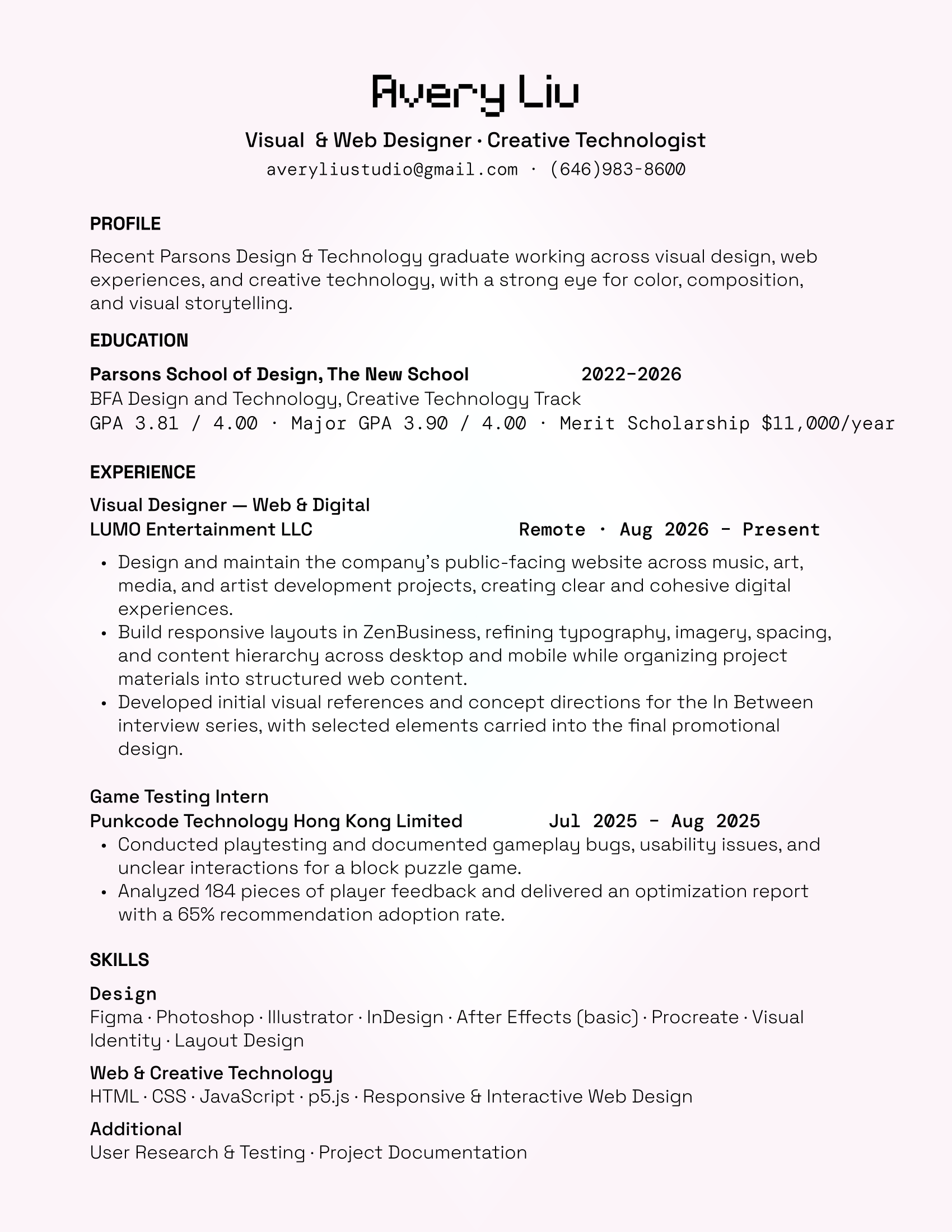Preview of Avery Liu's one-page resume