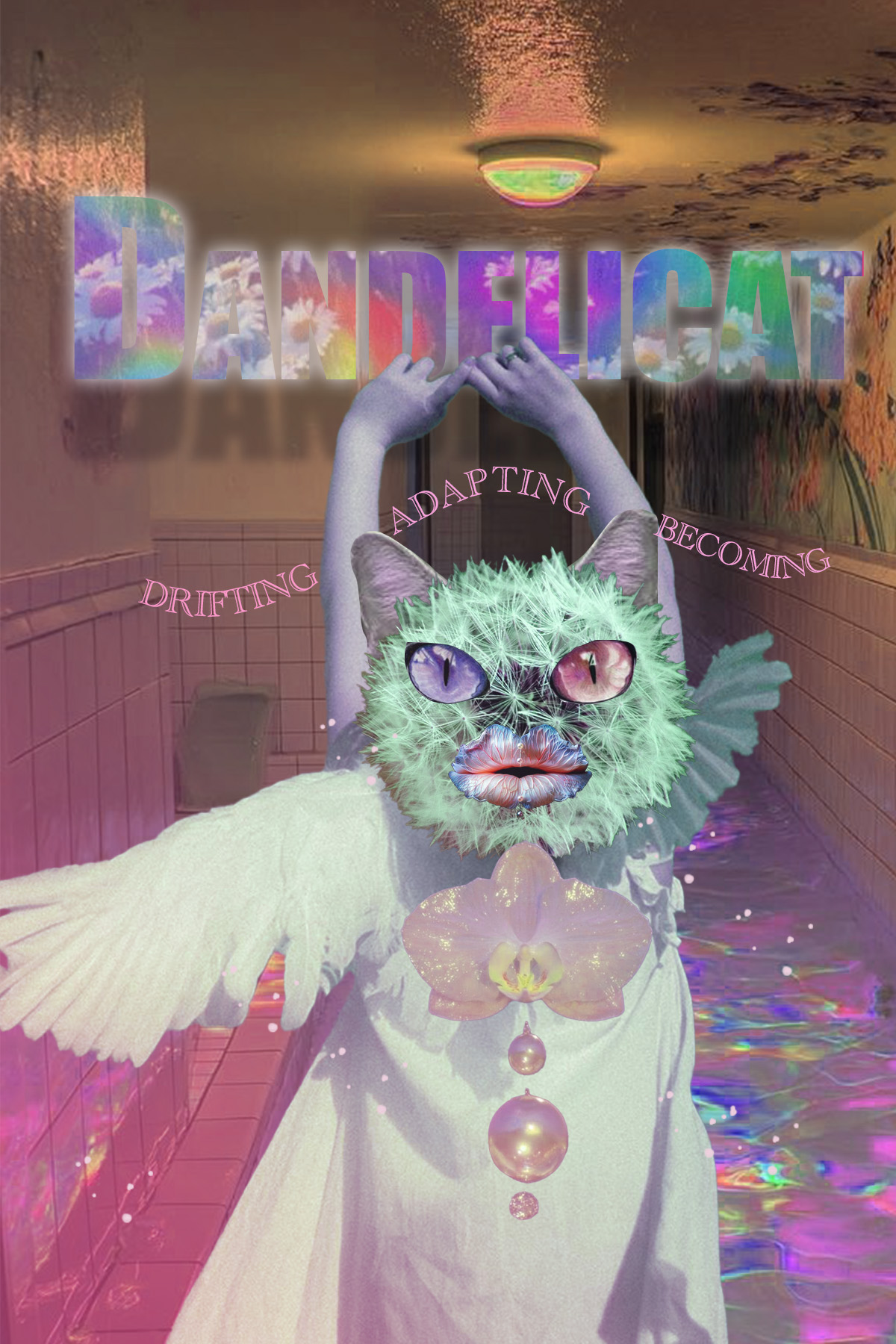Dandelicat poster featuring a surreal dandelion-cat figure in a dreamlike hallway