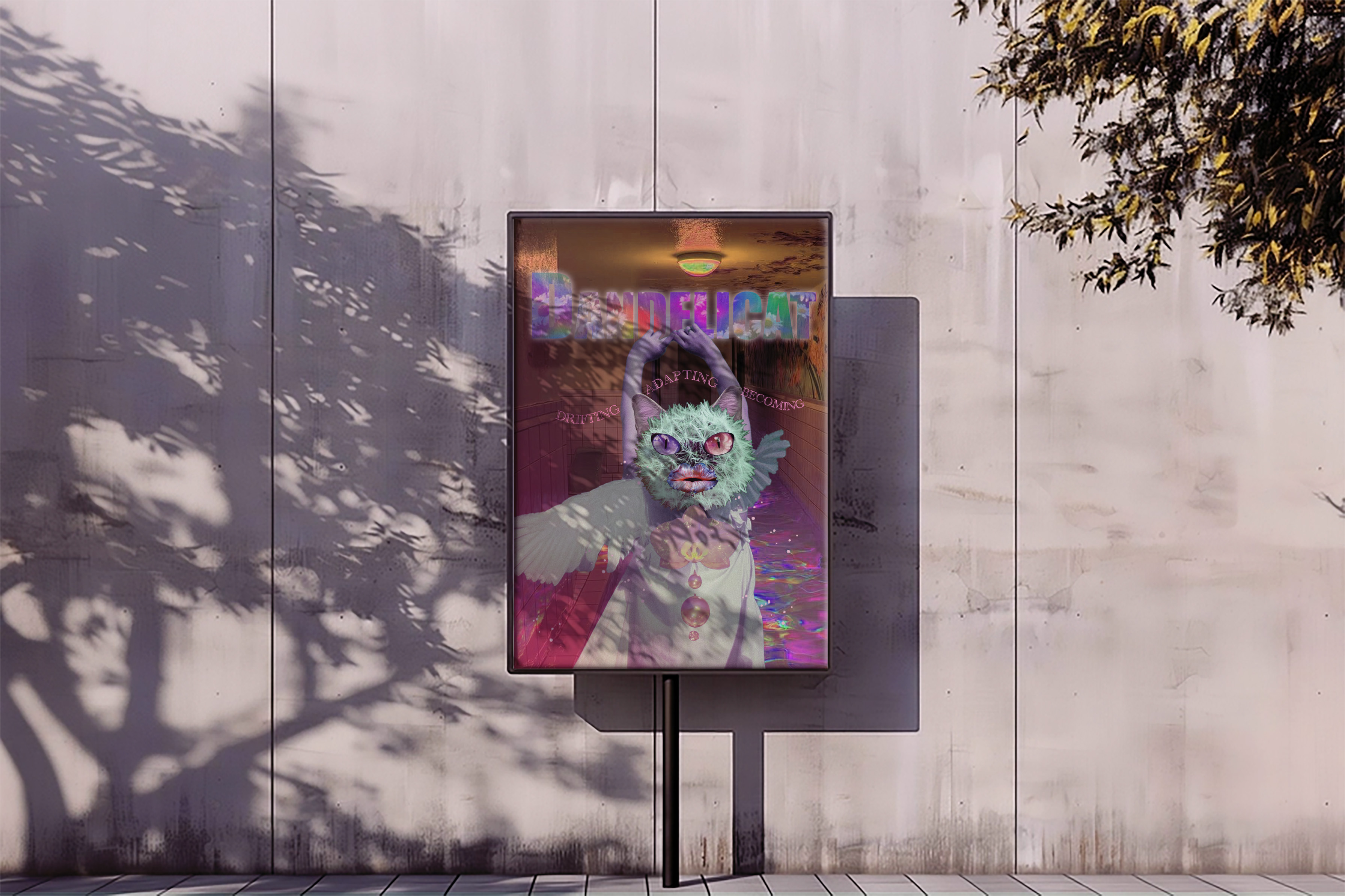 Dandelicat poster displayed in an outdoor poster stand mockup
